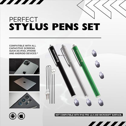 The Friendly Swede Mesh Tip Stylus Pen for Touchscreen — 3-Pack Micro-Knit Capacitive Stylus Pen for iPad & iPhone with 3 Replaceable Fiber Tips, Elastic Lanyards & Screen Cleaning Cloth