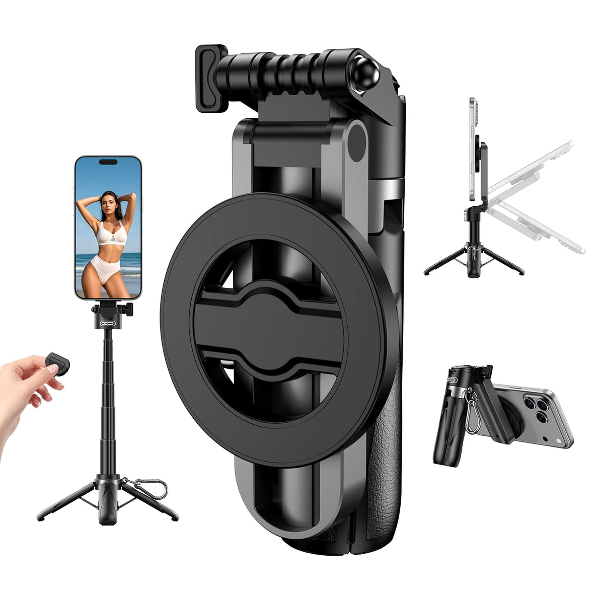 Magnetic Mini Phone Selfie Stick with 2 Fill Light, 360° Rotation Portable Phone Travel Tripod with Remote Control,Magnetic Chuck ＆ Clip Selfie Stick for iPhone Android TIK Tok/Live/Video Recording