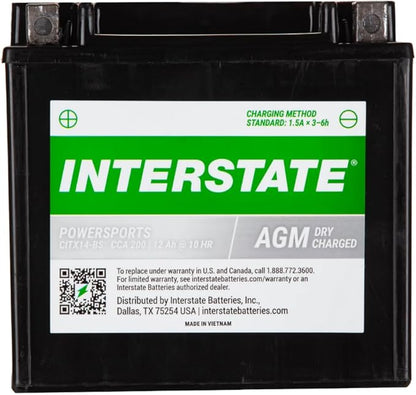 Interstate Batteries YTX14-BS 12V 12Ah Powersports Battery 200CCA AGM Rechargeable Replacement for Motorcycles, ATVs, UTVs, Scooters, Snowmobiles (CITX14-BS)