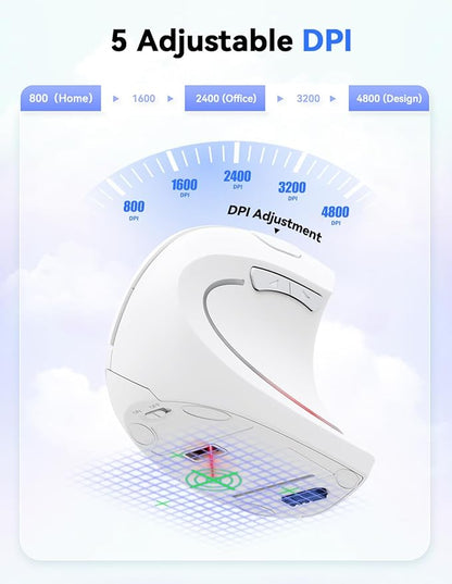 TECKNET Ergonomic Mouse, 4800 DPI Wireless Vertical Mouse with 5 Adjustable DPI Levels, 6 Buttons, 2.4GHz Optical Carpal Tunnel Mouse for Laptop, Desktop, PC, MacBook - White