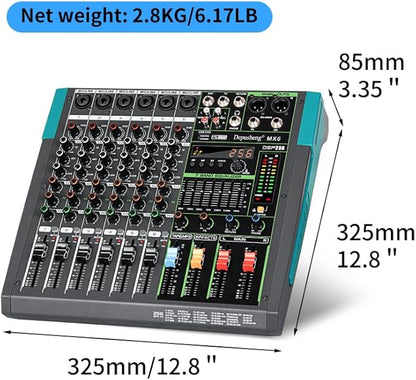 Depusheng MX6 6 Channel Sound Mixer Audio Mixing Console 48V 256DSP Professional USB PC Play Record Podcast Live Broadcast (US MX6)