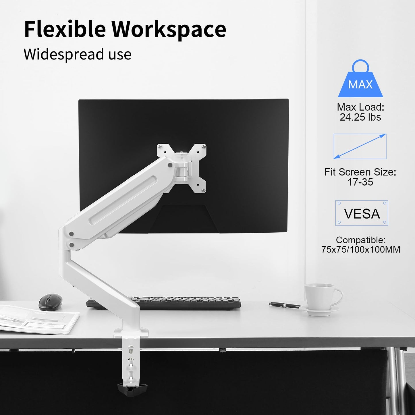 Suptek Monitor Mount Gas Spring Monitor Arm Desk Mount Fully Adjustable Fits 17 20 22 23 24 26 27 32 35 inch Monitors Weight Capacity up to 24.25 lbs, White