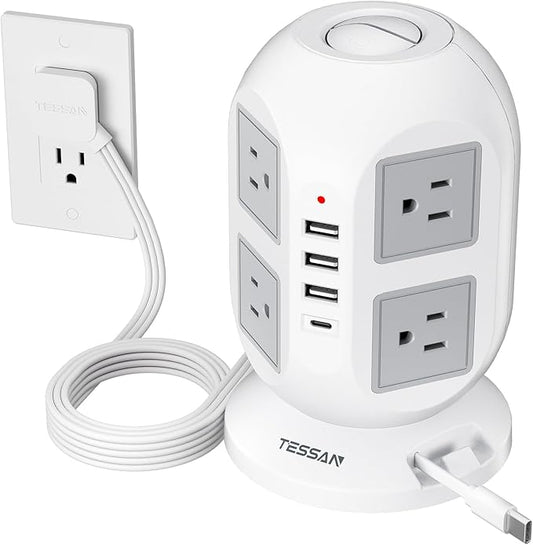 TESSAN Tower Surge Protector Power Strip 10 ft, Long Flat Extension Cord