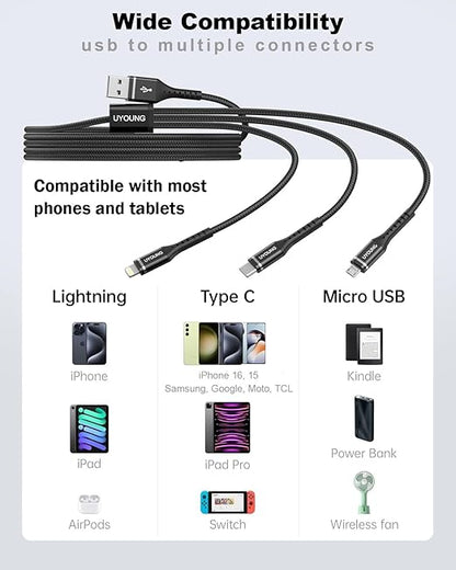 Multi Charging Cable 2Pack 4FT, 3 in 1 Charger Cable Braided Universal Phone Charging Cord with Lightning/Type C/Micro USB Ends, Multiple USB Cable for iPhone/Samsung/Google Cell Phones and More