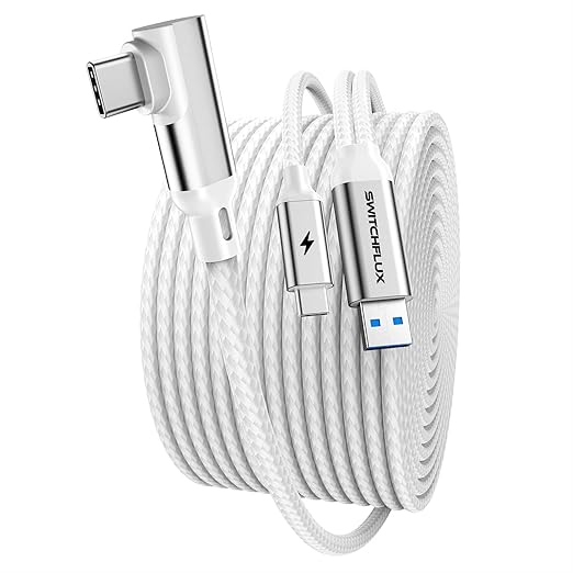 SWITCHFLUX 16FT VR Charging Link Cable | USB 3.0 High-Speed Data & Charge for Meta Quest 3S/3/2/Pro, Pico 4 and PC/SteamVR USB-C Charger Cord for VR Headset - White
