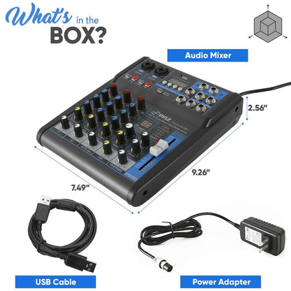 Pyle 4 Channel Audio Mixer with Bluetooth - DJ Sound Board Controller - USB Computer Input - Built-in MP3 Player - 48V Phantom Power - 3 Band EQ - 16-Bit DSP FX - Band, Studio Ready - PMXU43BT