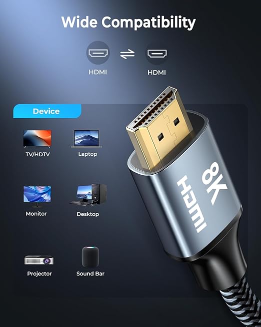 8K HDMI Cable 2 ft 2Pack, 48Gbps High Speed HDMI 2.1 Cable, Braided HDMI Cable 2.1 8K 60Hz 4K 120Hz Support for HDR eARC HDCP 2.2/2.3, HDMI Cord Compatible with HDTV, Laptop, Monitor, PC