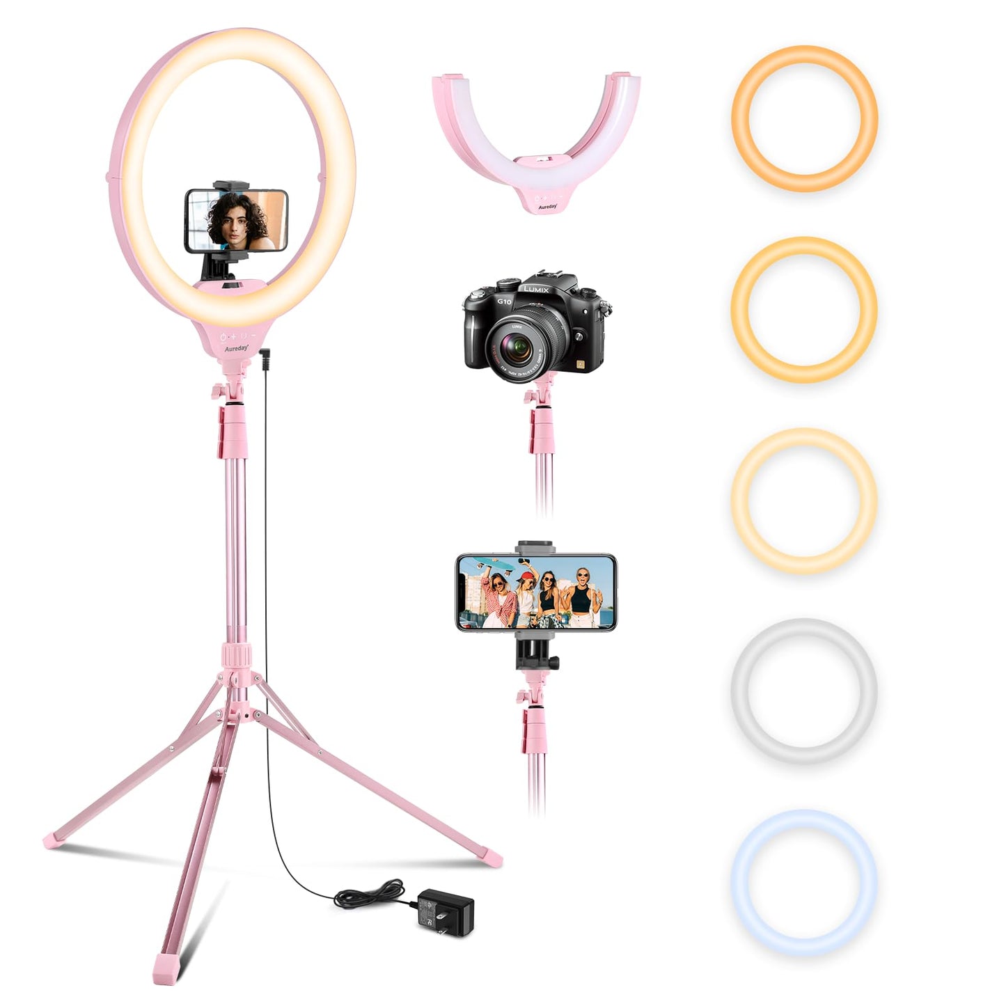 Aureday 14'' Pink Selfie Ring Light with 62'' Tripod Stand and Phone Holder, Dimmable LED Phone Ringlight for Makeup/Video Recording/Photography, Circle Lighting for Cell Phones&Lightweight Cameras