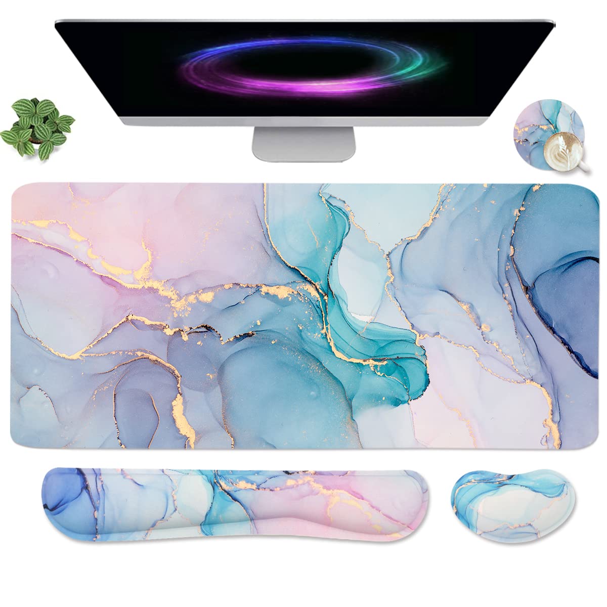 Large Keyboard Mouse Pad Set, Extended Mouse Pad+Keyboard Wrist Rest Support, Memory Foam Ergonomic Easy Typing, 4Pcs (35.4×15.7 in) Desk Pad Set for Home Office Study Game - Purple