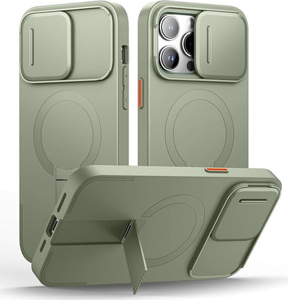 SURITCH for iPhone 14 Pro Max Case with Magnetic Camera Slide Cover and Adjustable Kickstand, Compatible with MagSafe, Shockproof Bumper Case Slim Protective Cover 6.7 Inch, Green