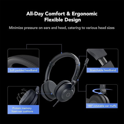NUROUM HP21 USB Headset with Microphone for PC, AI Noise Cancelling Mic for Work, Wired Headset for Call Center/Office, Mute Button, USB-A/Type-C for Computer/Laptop/Desktop, Compatible w/Zoom/Teams