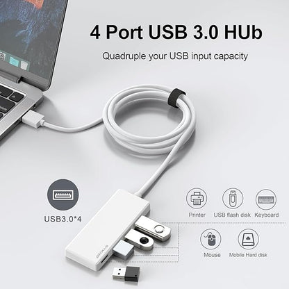 USB Hub, Multiport USB Splitter Adapter, 2 ft Long Cable USB 3.0 Hub, USB Extender for Laptop, PC, iMac, Surface Pro, MacBook, Mac Pro, Flash Drive, XPS, Mouse, HDD【White】