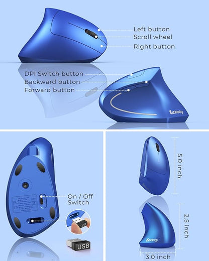 Lekvey Ergonomic Mouse, Vertical Wireless Mouse Rechargeable 2.4G USB Optical Carpal Tunnel Mice : 3 DPI 800/1200/1600 Levels 6 Buttons, for Laptop, PC, Computer, Desktop, Notebook etc, Blue