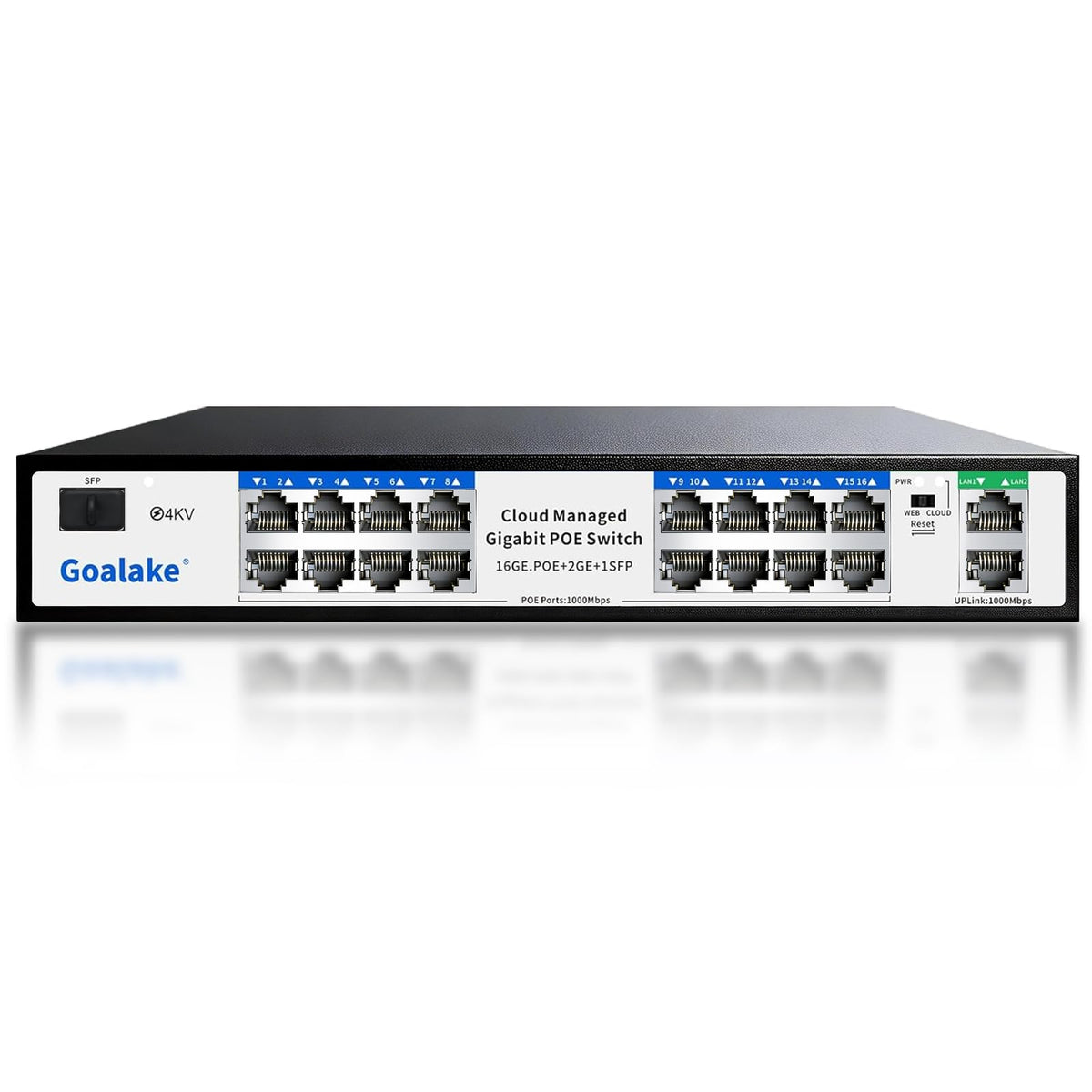 Goalake 8 Ports Gigabit PoE Switch with 2 Gigabit Uplinks, Cloud Managed for Small Business & Home Security,120W for IP Cameras/WiFi APs, Easy Manage via App/Web, VLAN/QoS, Fanless Metal,Plug-and-Play