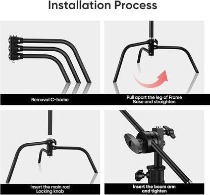 Soonpho 2 Pack 100% Heavy-Duty Steel C-Stand, Pro Photography Light Stand with 3.5'/108cm Extension Arm, Grip Head, Turtle Base for Studio Monolight, Softbox, Reflector, Max Height 10'/305cm – Black