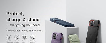 SURITCH for iPhone 15 Pro Max Case with Magnetic Camera Slide Cover and Adjustable Kickstand, Compatible with MagSafe, Shockproof Bumper Case Slim Protective Cover 6.7 Inch, Dark Purple