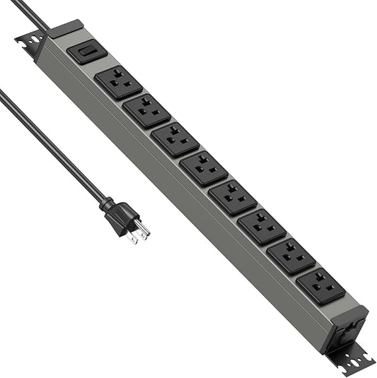 JUNNUJ Heavy Duty Power Strip Wall Mount, 20 Amp Surge Protector 1200J Metal 8 Outlet Under Desk Mounted 20A, Garage Power Table Socket Industrial Outlets 6-20R T-Slot, 6FT 12AWG Extension Cord
