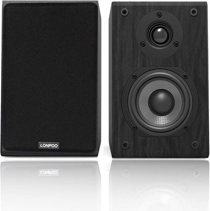 LONPOO Passive Bookshelf Speakers, 75W x 2 Classic Wooden Near Field Monitors with 4-Inch Carbon Fiber Woofer &1-Inch Silk Domed Tweeter 2-Way Loudspeakers,Amplifier Required (Not Inlcuded)