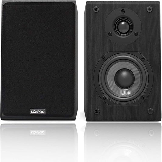 LONPOO Passive Bookshelf Speakers, 75W x 2 Classic Wooden Near Field Monitors with 4-Inch Carbon Fiber Woofer &1-Inch Silk Domed Tweeter 2-Way Loudspeakers,Amplifier Required (Not Inlcuded)