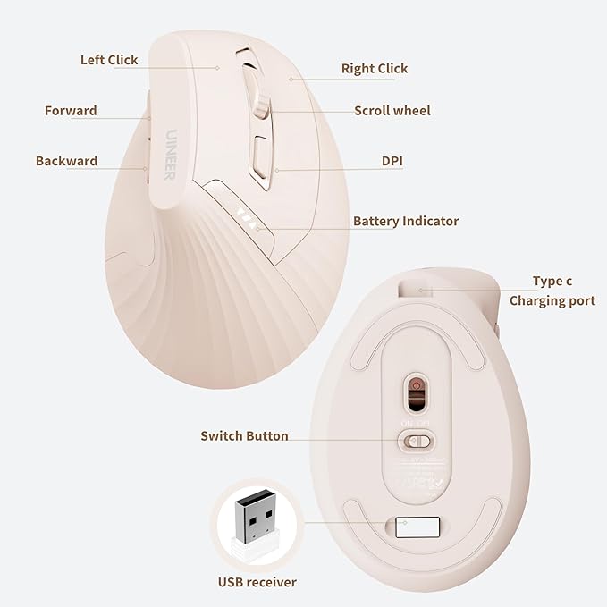Vertical Mouse Wireless, 2.4G Rechargeable Mouse with Battery Indicator,4 Level DPI,Ergonomic Design for Comfort and Reduced Wrist Strain, Ideal for Home,Office Use (Pink)