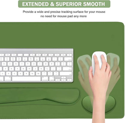 Large Keyboard Mouse Pad Set, Extended Mouse Pad+Keyboard Wrist Rest Support, Memory Foam Ergonomic Easy Typing, 4Pcs (35.4×15.11 in) Desk Pad Set for Home Office Study Game - Green
