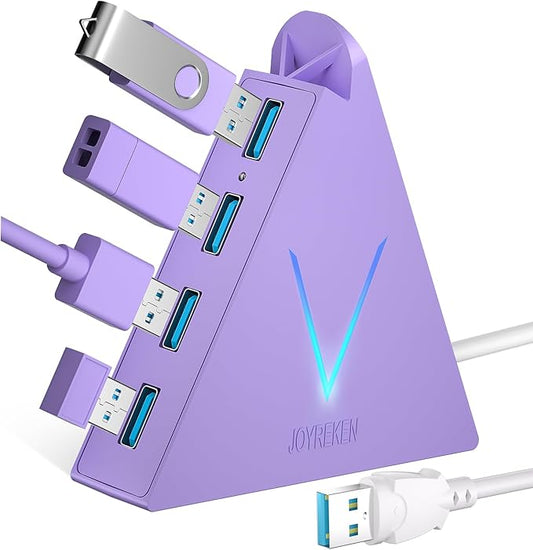 JoyReken 4-Port USB 3.0 Hub Tower with 2ft Cable - USB Splitter for Laptop,PC,PS4,PS5,Xbox,Mouse,Keyboard,Hard Drives,Mobile HDD(Light Purple)