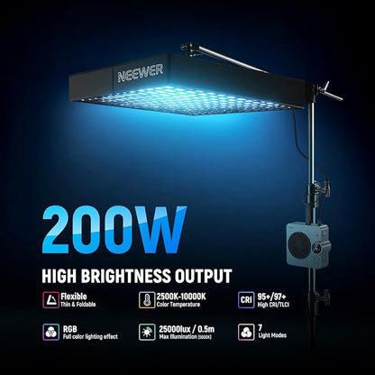 NEEWER Pro 200W Flexible LED Video Light, Studio RGB Panel Light Mat Kit with Softbox APP/2.4G/DMX Control 2500-10000K 25000lux/0.5m CRI95+, Key Lighting for Live Streaming Video Recording, AF200C