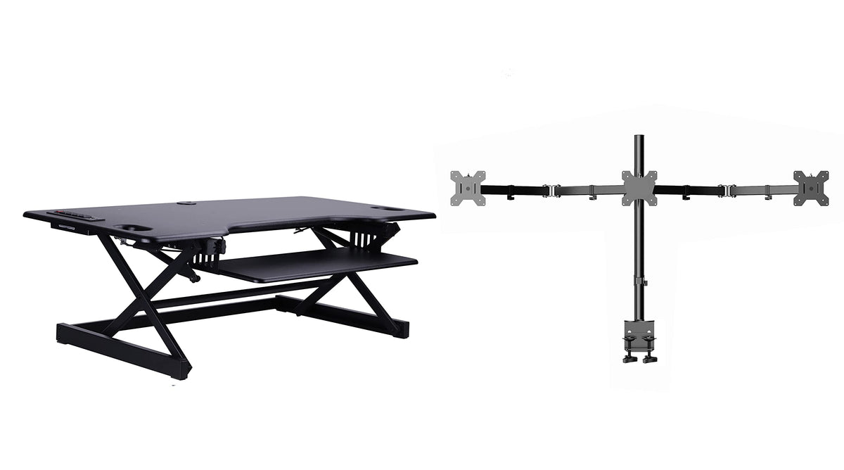 Rocelco 32" Height Adjustable Standing Desk Converter - Sit Stand Computer Workstation Riser - Dual Monitor Retractable Keyboard Tray Gas Spring Assist - Black (R EADRB2)