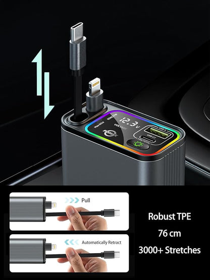 Retractable Car Charger USB C,145W Type C Car Charger Fast Charging with Dual Retractable USB C Cable and USB Ports, Compatible with iPhone 16/15,S25/24/23/22, Pixel 9/8/7