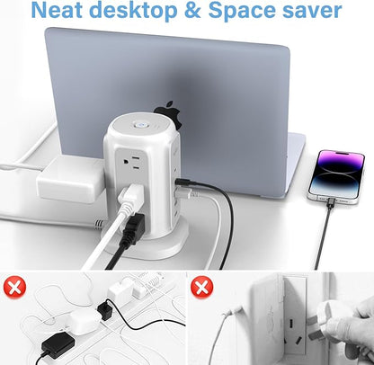 AiJoy Flat Plug Power Strip Tower with 9 Outlets and 5 USB Ports (2 USB-C), 1200J Surge Protection, 1625W Extension Cord with Multiple Outlets Charging Station for Home Dorm Office Supplies