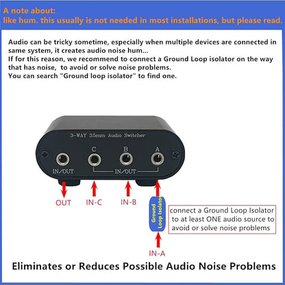 3.5mm Audio Switch with line Volume Controller, 3 in 1 Out 1/8" aux switcher Splitter selector Box, Mini Inline Headphone attenuator Volume Control knob -MC31