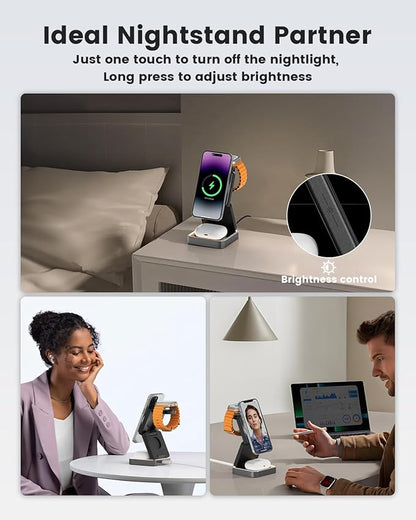 3-in-1 Wireless Charger for iPhone,15W Fast Wireless Charging Station Compatible with Mag-Safe Charger,Magnetic Foldable Travel Charger Stand Nightstand for iPhone 16/15/14/13/12,Apple Watch&AirPods