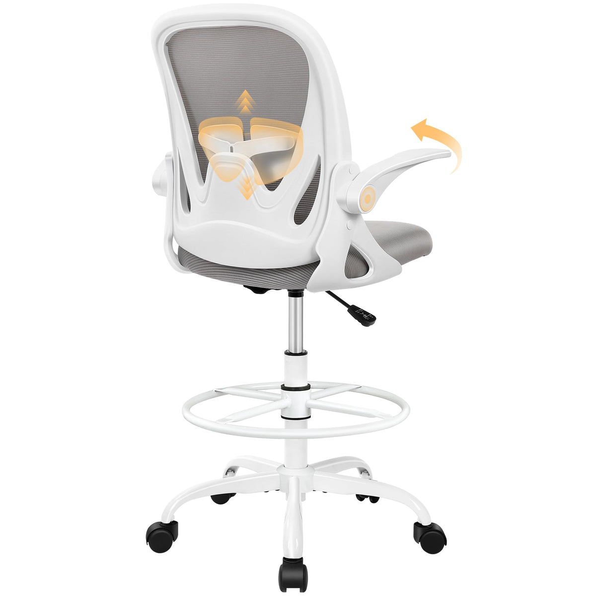Drafting Chair Tall Office Chair with Flip-up Armrests, Adjustable Height, and Enhanced Lumbar Support - Ergonomic Rolling Stool, Back Support, and Adjustable Foot Rest Ring Light Blue