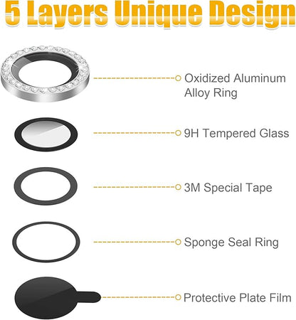 AGVEE 3+3 for iPhone 14 Pro 6.1" / 14 Pro Max 6.7" Camera Lens Protector, Bling Diamond & Bling Glitter Metal Ring 9H Tempered HD Glass Camera Screen Protector Cover Film, Silver