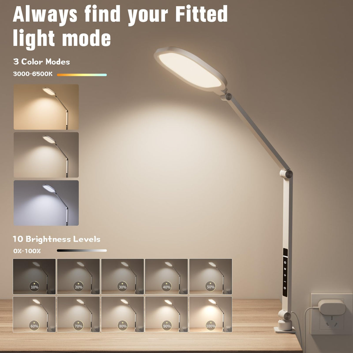 LitONES LED Desk Lamp for Home Office with Clamp, White