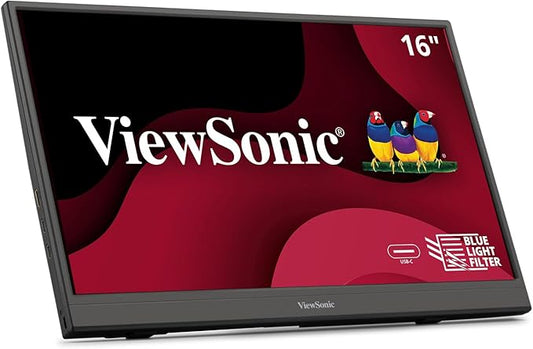ViewSonic VA1653 16 Inch 1080p Portable Monitor, IPS Display with Eye Care for Easy Second Screen Productivity, Built-in Stand, USB-C, Mini HDMI, and Protective Case