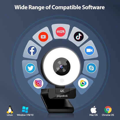 papalook 4K Autofocus Webcam with Light, UHD Web Camera with Remote Control and Dual Noise-Cancelling Mics, Plug and Play USB Webcams for PC Laptop Zoom Skype Teams Google Meet