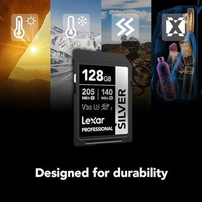 Lexar 128GB Professional Silver SD Card, UHS-I, C10, U3, V30, 4K, Up to 205/140 MB/s SDXC Memory Card, for Professional Photographer, Videographer, Enthusiast (LSDSILV128G-BNNNU)