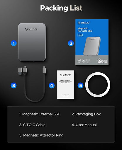 ORICO 256GB Magnetic Portable SSD, Metal Body, 4K 120 fps ProRes HDR Record and Store, Up to 460MB/s, USB C&A 2 in 1 Cable, External SSD Compatible with iPhone 16 Pro Max, Tablet, Computer - K5PLUS