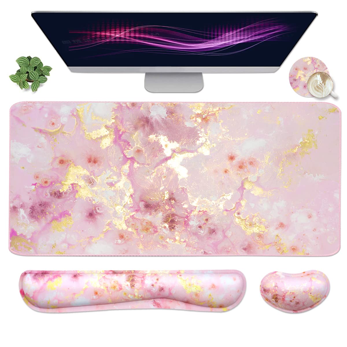 Topographic Large Mouse Pad and Keyboard Wrist Rest, Desk Pad for Keyboard and Mouse, 4-in-1 Large Gaming Mouse Pad with Wrist Support, Non-Slip Desk Mat for Home Office Study Game-Topographic Contour