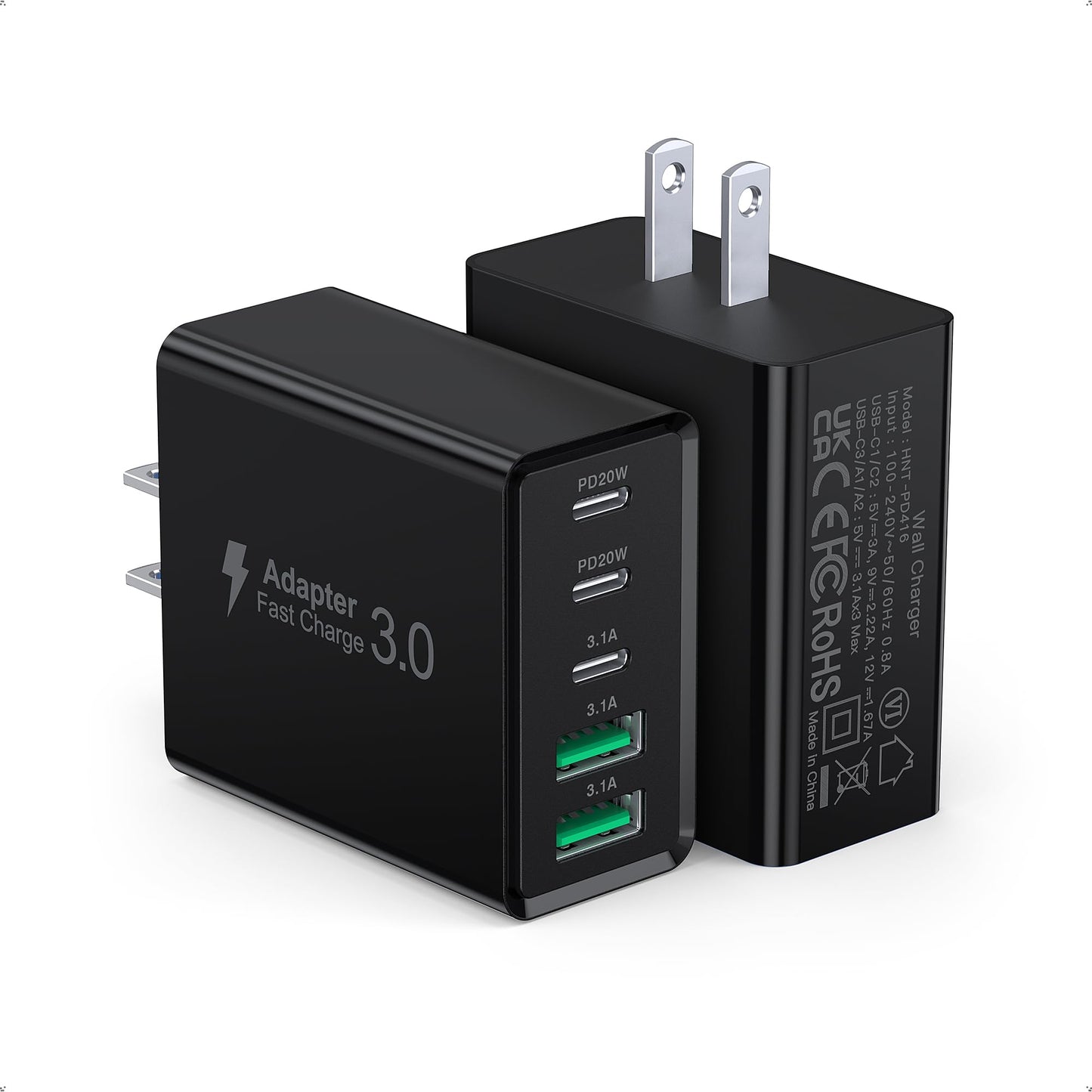[2-Pack] USB C Wall Charger, 60W Type C Charger Block 5-Port Fast Charging Blocks,3USB C+2USB A Multiport Plug,PD Power Adapter Brick Cube for iPhone 17/16/15/14/13/Pro,iPad,Samsung,for Switch（Black）
