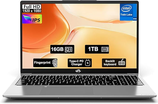 15.6" FHD IPS Student-Laptop Computer - 16GB RAM 1TB SSD, 4 Cores 13th Gen Intel N150(Beat to i3-1115G4, Up to 3.6GHz), 65W GaN Type-C, Fingerprint, Backlit Keyboard, Wi-Fi 6, BT5.2, Numpad