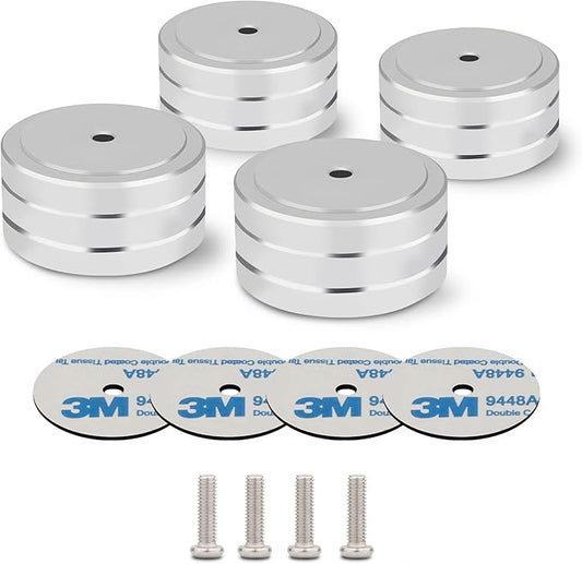 Monosaudio Isolation Feet HiFi Feet 4Pcs 40x20mm Aluminum Universal Turntable Feet with Non-Slip Rubber Rings No Need Adhesive for Audio,Speakers,Subwoofers,Home Theater,Turntable,DAC(Silver Color)
