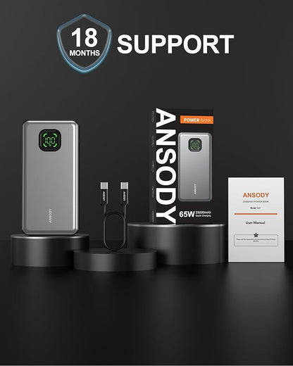 65W Power Bank, 25000mAh Laptop Portable Charger, 100W Total Fast Charging Battery Pack for MacBook Dell XPS iPad Tablet Steam Deck iPhone 17-12 Series Samsung Switch and More Silver