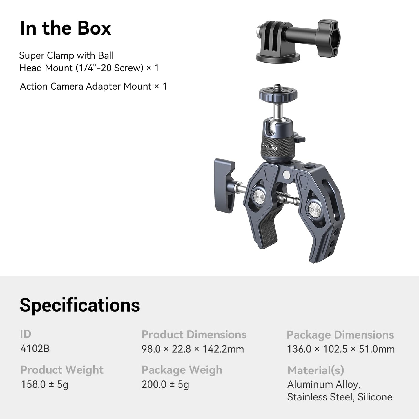 SMALLRIG Camera Mount Clamp, Gopro Motorcycle and Bike Handlebar Mount Kit, Super Clamp for DSLR, Action Camera, Gopro, Insta360, LED Light, Monitor, Max Load 3.5KG