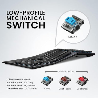 Perixx PERIBOARD-535BL Wired Ergonomic Mechanical Full-Size Keyboard - Low-Profile Blue Clicky Switches Programmable Feature with Macro Keys Compatible Windows and Mac OS X US English, Black