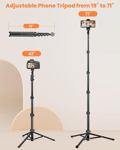 Victiv 71" Phone Tripod, Camera Stand Tripod with Remote and Phone Holder, Sturdy & Stable, Height Adjustable Selfie Stick Mode, Perfect for Selfies Video Recording/Cooking/Vlog/Photo