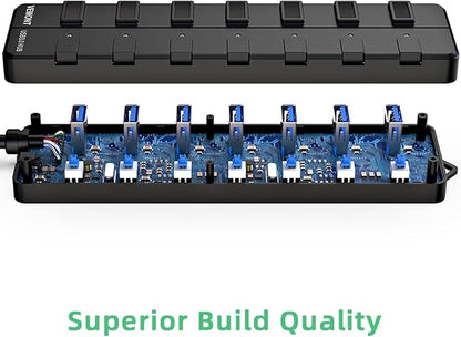 VEMONT USB hub,Computer Peripheral Equipment 7-Port USB 3.0 hub with 5V2A Power Adapter and Individual On/Off Switches,USB Charging hub 4ft/1.2m Long Cable