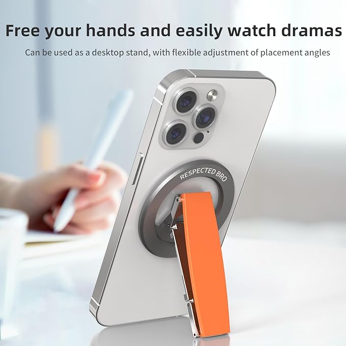 RESPECTED-BRO-Magnetic-Phone-Grip-Stand, Magnetic Phone Ring Holder Kickstand with Silicone Finger Strap, Compatibility for iPhone 17/16/15/14/13/12, Android, and More (Orange)