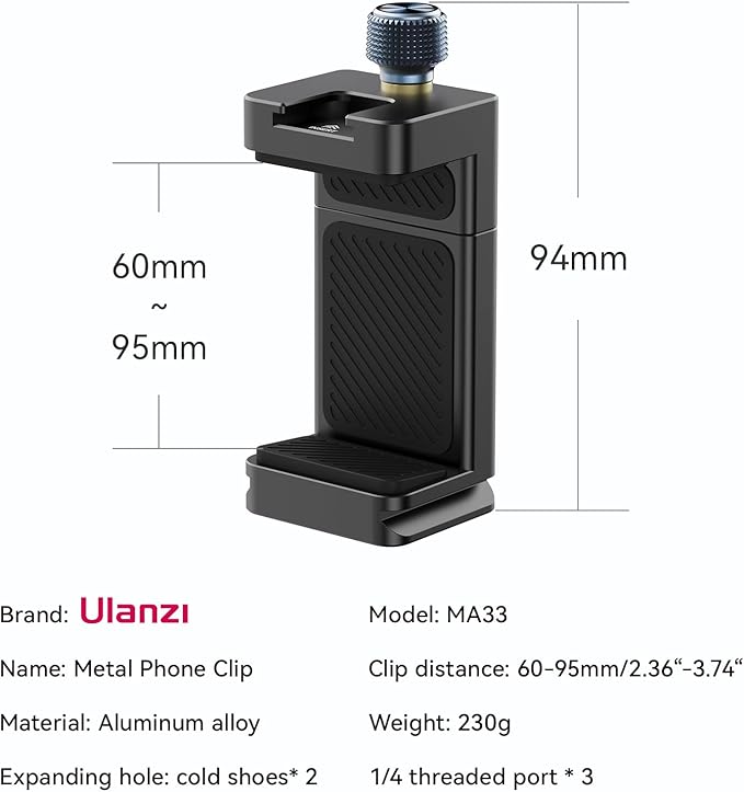 ULANZI MA33 Metal Phone Tripod Mount with Arca Port & 2 Cold Shoes, 360° Adjustable Smartphone Tripod Adapter Cell Phone Stand Holder Phone Clamp Suitable for iPhone 15 pro/14/13/12/Samsung